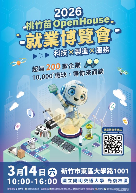 萬職集結、夢想啟航！「2026 桃竹苗 OpenHouse就業博覽會」3/14 陽明交大熱力開跑： 從研發工程師到遊戲企劃，萬名職缺跨界招手！